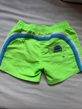 Sundek Kids Neon Green Swim Trunks with Blue & White Stripes